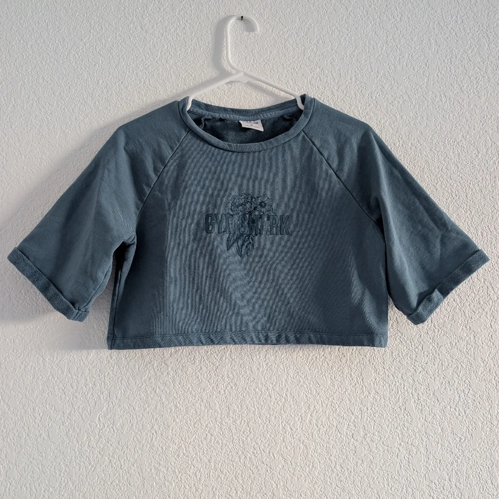 Gymshark Womens Crop 1/2 Sleeve Sweatshirt Top Medium Blue - Picture 1 of 5